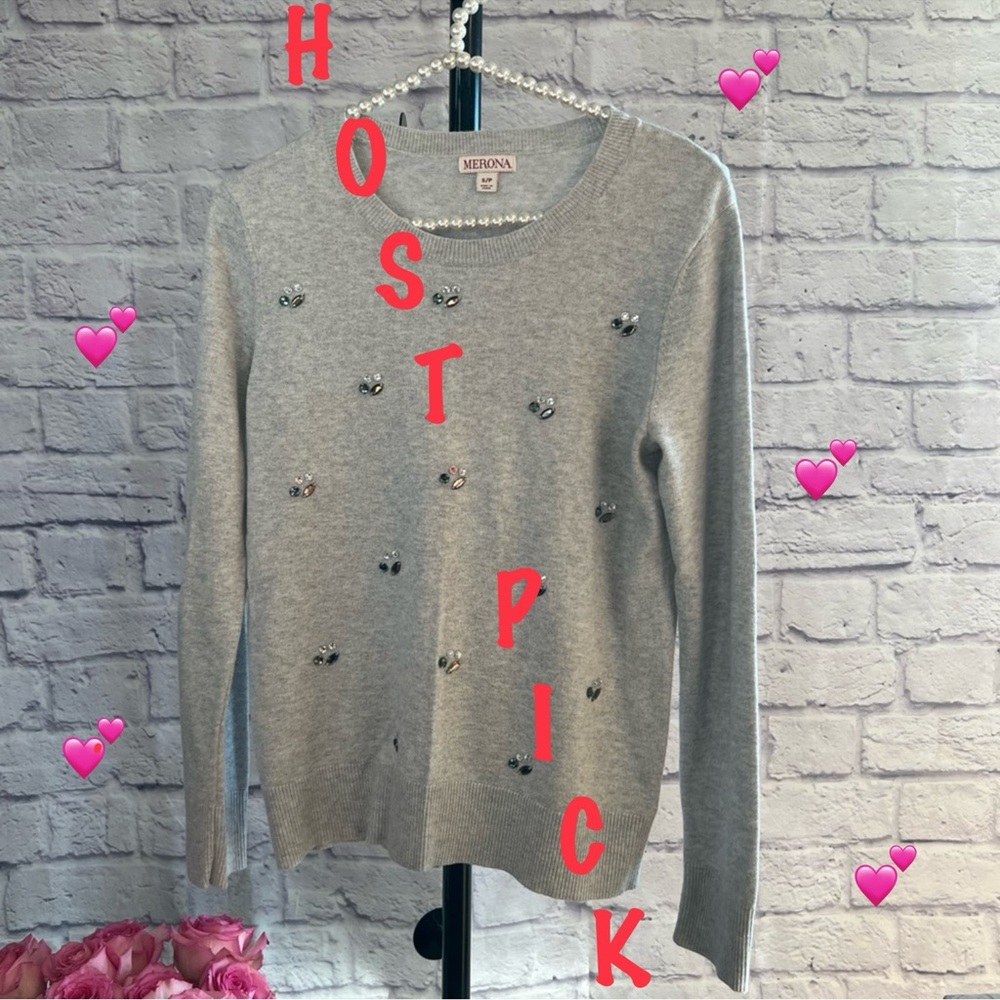 Merona Light Gray Rhinestone Long Sleeve Sweater - Size SP